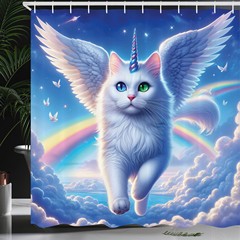 白い馬猫柄空を飛ぶユニコーンの角ポリエステル浴室装飾シャワーカーテンセットフック付き