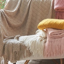 北欧复古菱格毛线毯子纯色针织毯床尾毯床搭沙发毯搭巾床尾巾咖色