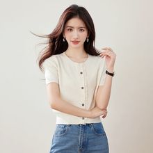 蕾丝边拼接短袖针织小开衫女2025夏季新款小个子修身短款打底上衣