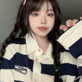 美式复古条纹POLO衫长袖t恤女春秋百搭宽松ins潮外穿oversize上衣