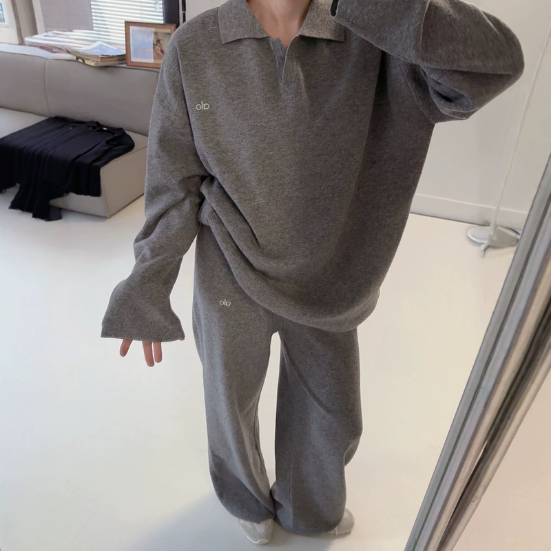 Alo European and American Spring and Autumn Old Money Style Suit Polo Collar Knitted Pullover Wide Leg Trousers Two-Piece Knitted Suit