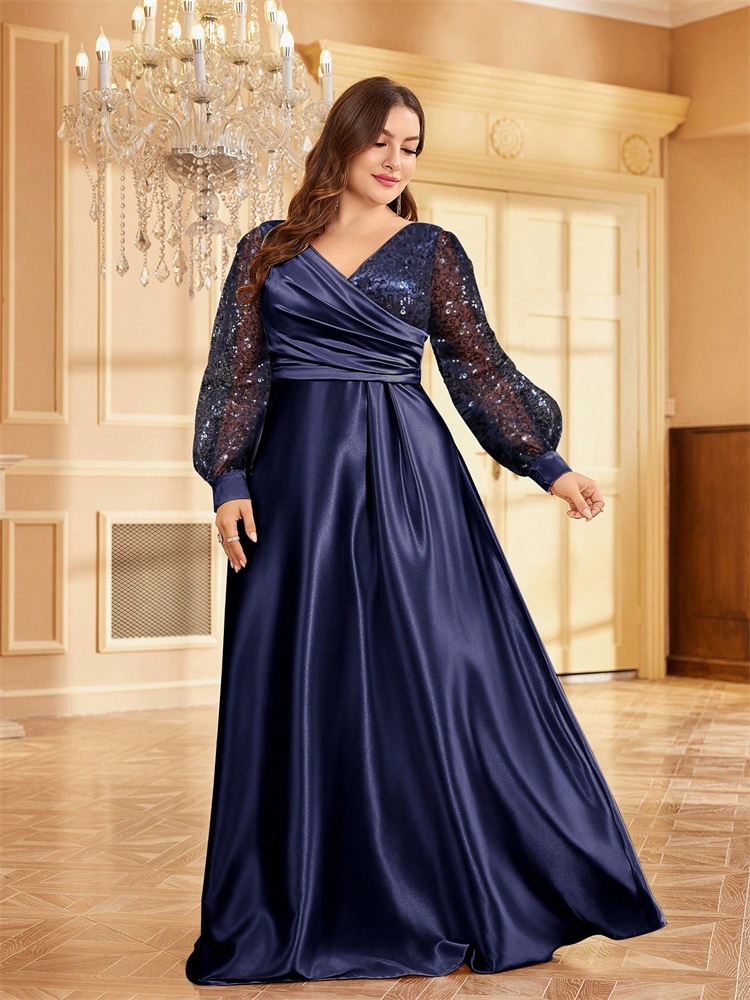 ChicShe Cross-Border Neues elegantes Plus-Size-Kleid aus Satin mit Pailletten, langen Ärmeln, V-Ausschnitt, schmal geschnitten, für Brautjungfern, Bankette und Abendveranstaltungen_voghion.com