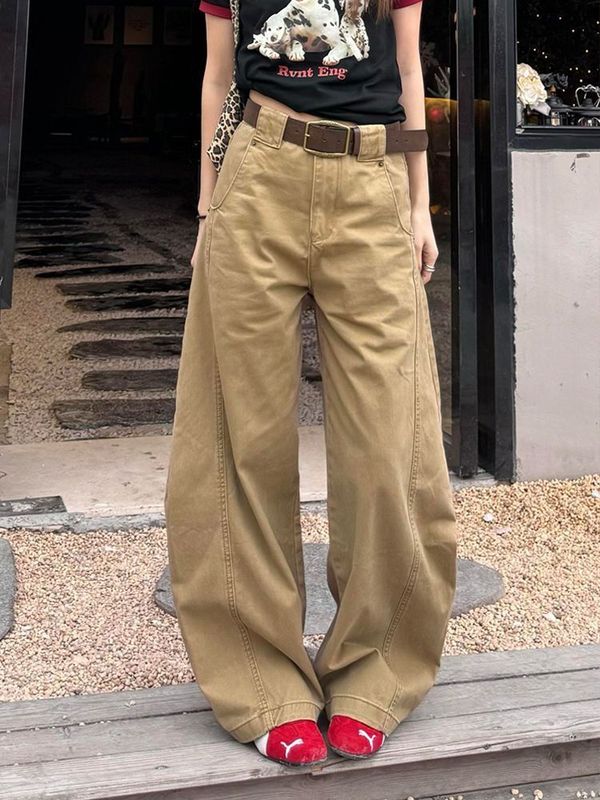 弯刀牛仔阔腿裤美式卡其色宽松慵懒高腰显瘦小个子女式牛仔裤子|undefined