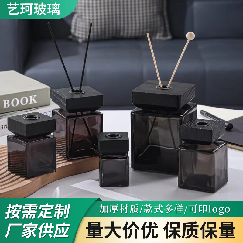 现货高端香薰瓶无火藤条黑方木盖四方玻璃瓶高颜值车载扩香瓶香氛