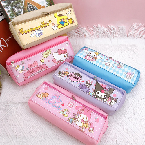 Cartoon student pencil bag Kuromi Pudding dog pencil bag medium double zipper bag PU stationery bag storage bag