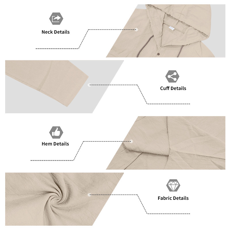 Men's Casual Breathable Linen Hooded Long Sleeve Shirt Cardigan Spring Summer Style Loose Fit Set_viptrois.com