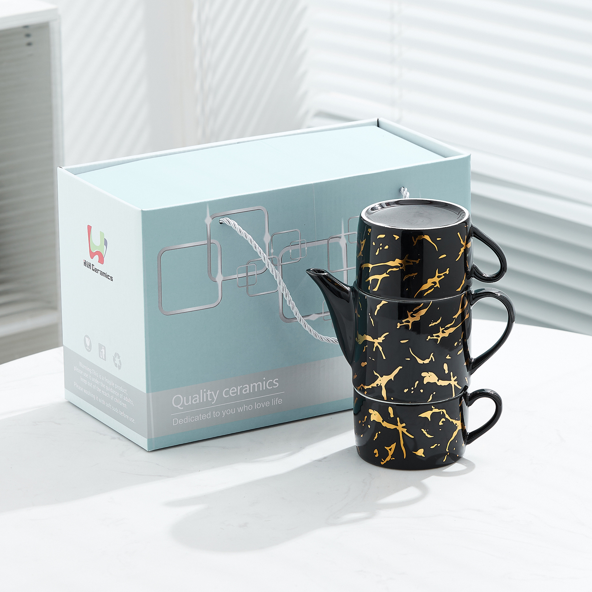 Oro marbling flor juego de té Nordic ins juego de té traje Luz de lujo tarde juego de té caja de regalo embalaje