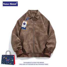 NASA美式复古棕色翻领皮衣秋季外套男美拉德高级感麂皮绒情侣夹克