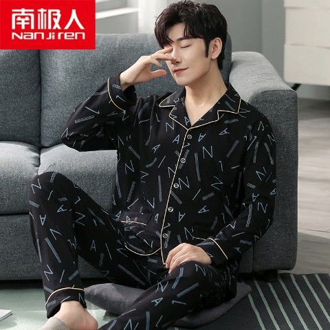 Pijamas de los hombres manga larga 100% algodón primavera, otoño e invierno algodón flojo más tamaño traje desgaste del hogar