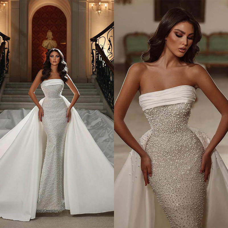 Strapless Waist Fishtail Heavy Industry Luxury Pearl Removable Two-piece Trailing Wedding Dress Cross-border Hot-selling Elegant Elegant