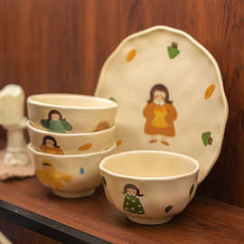 58C1复古女孩陶瓷餐具碗筷套装礼盒一二人食家用情侣饭碗装菜甜品