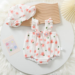 嬰幼兒夏季清涼吊帶三角爬服女寶寶花朵紗布清新甜美包屁衣送帽子