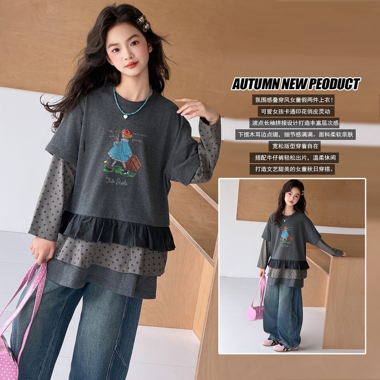 Girls' Patchwork T-shirt Dress Autumn Outfit 2026 New Children's Autumn Super Cute Cartoon Dress and Pants Fashion Set