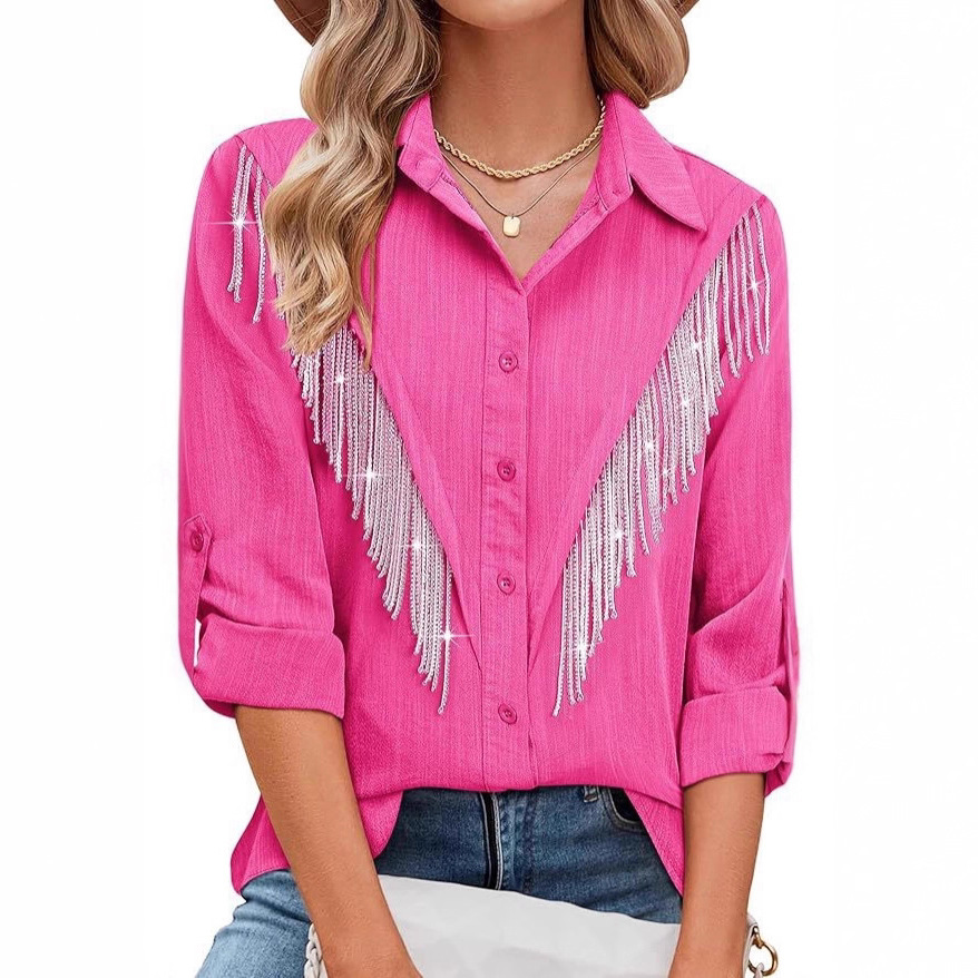 2025 Independent Station Cross-Border Autumn and Winter New Amazon European and American Pure Color Lapel Long-Sleeved Tassel Shirt Women's Tops