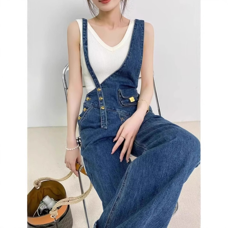 Asymmetrical Small Waist Bag Denim Overalls for Women, New Spring/Summer Style with Metal Buckle, Versatile Wide-Leg Floor-Length Pants, Trendy