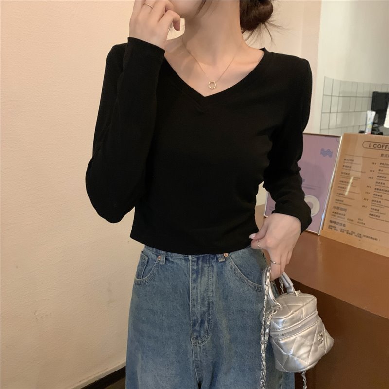 现货实拍韩版百搭V领设计感纯色内搭长袖纯棉打底女T恤春秋经典|undefined