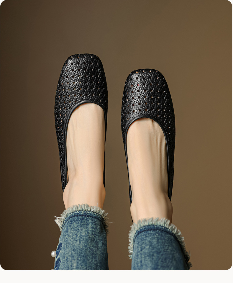 Sandal nữ đế bệt mũi bọc da bò, quai sau hở, phong cách vintage đan lỗ — đen chi tiết 18