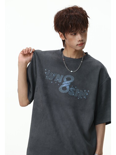fashion brand imitation suede short-sleeved T-shirt men's spring and summer new retro American contrast color printed loose top T-shirt q