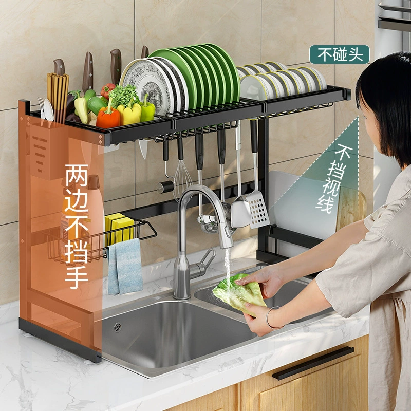 Over‑sink multilayer drying rack, universal kitchen storage, black, 65 cm or 85 cm