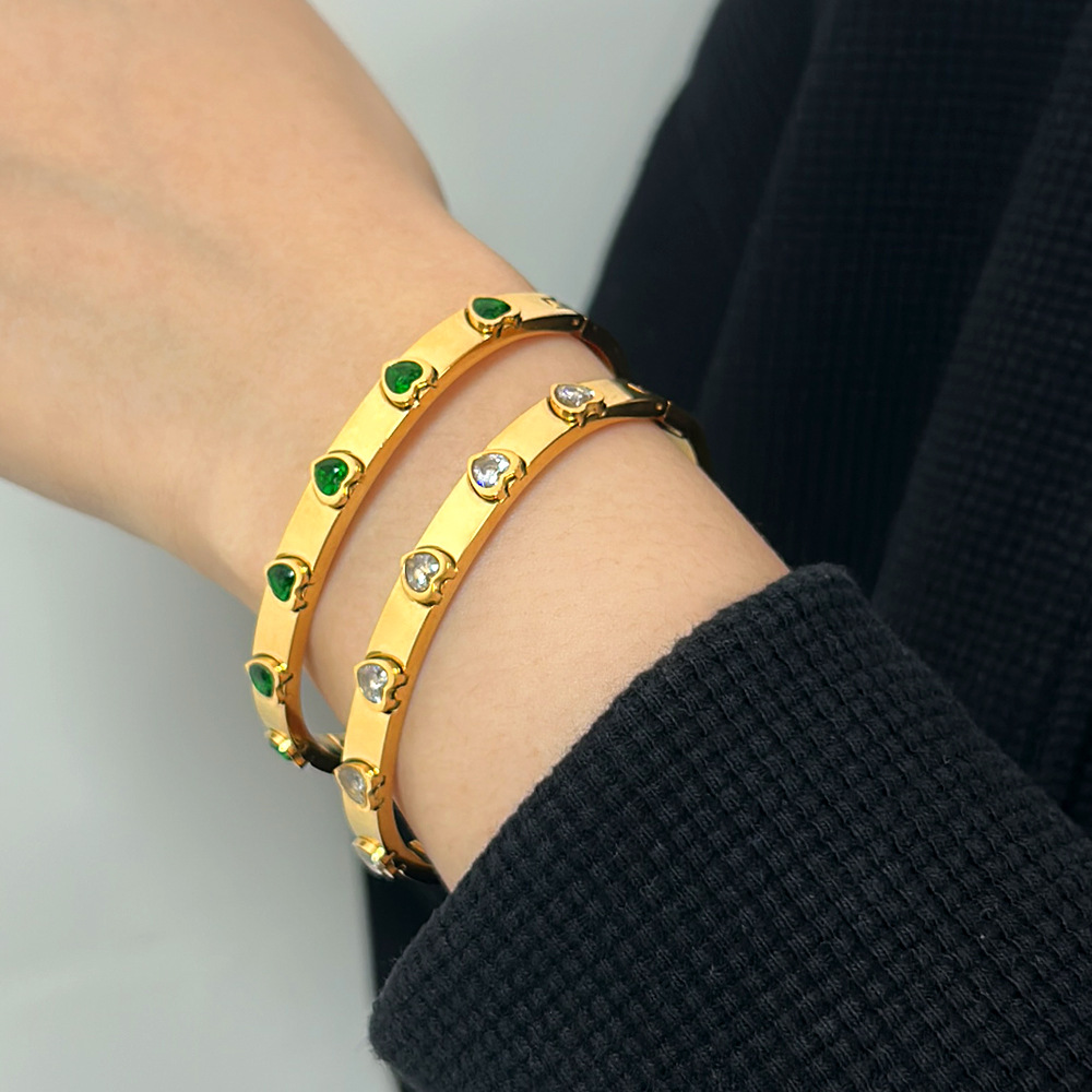 Bangle Classification 304 Stainless Steel Chain Material Casual Simple Style Heart Shape 304 Stainless Steel Zircon Bangle In Bulk
