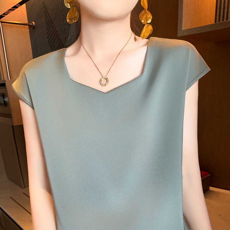 Acetic Acid Imitation Silk Crewneck Short-sleeved Women's Summer Solid Color Simple Half-sleeved Top New plus size All-match Satin T-shirt