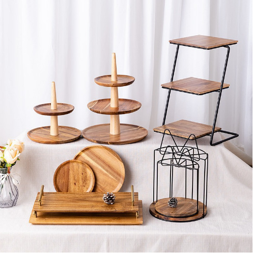 Decoración de postre boda cumpleaños accesorios de decoración mango de cobre Acacia bandeja de madera pastel platos de bocadillos estante de exhibición