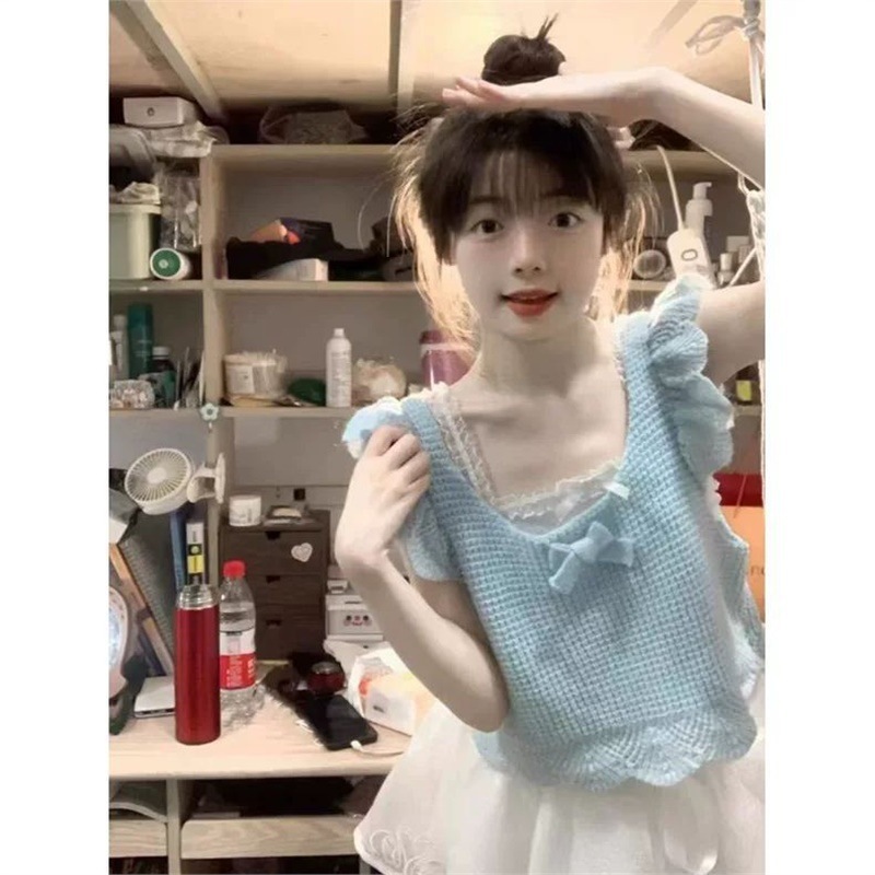 日系奶乖软妹蓝色小飞袖针织背心女夏季小个子短款减龄蝴蝶结上衣|undefined