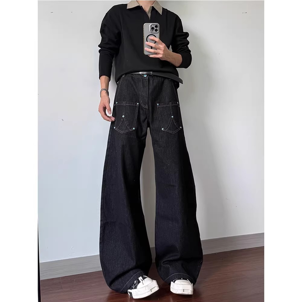 Men's Black Raw Denim Flared Jeans Mid Waist Stretch Straight Leg_voghion.com