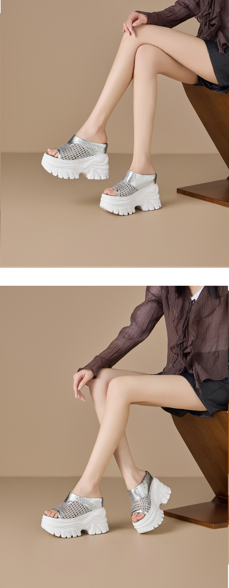 Dép sandal nữ quai chữ V đế bánh mì cao 13cm, chất liệu nhựa dẻo thoáng khí — màu đen, màu trắng ngà, Vàng nhạt, bạc chi tiết 8