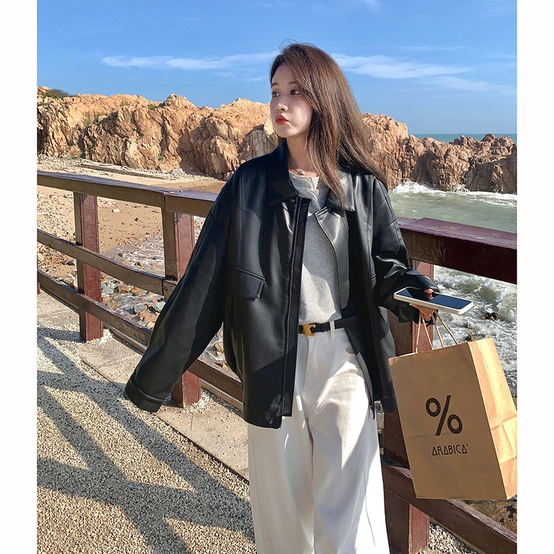 黑色pu皮衣外套女2025年秋宽松美式复古皮夹克小个子气质短款上衣|undefined