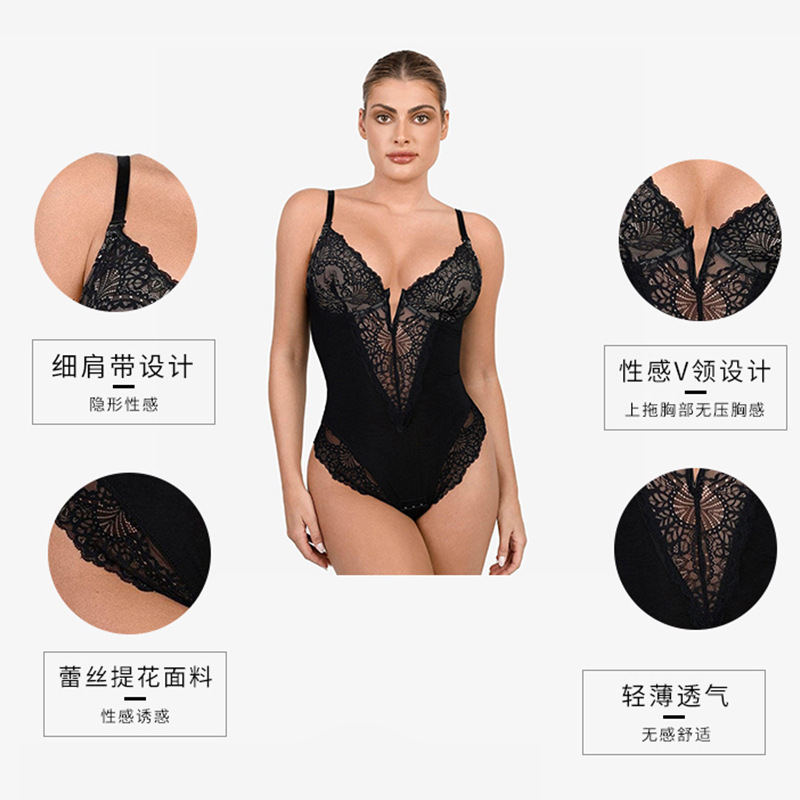 Cross-border European and American lace hollowed out bodysuit sexy corset underwear women's belly lift hips plus size shapewear