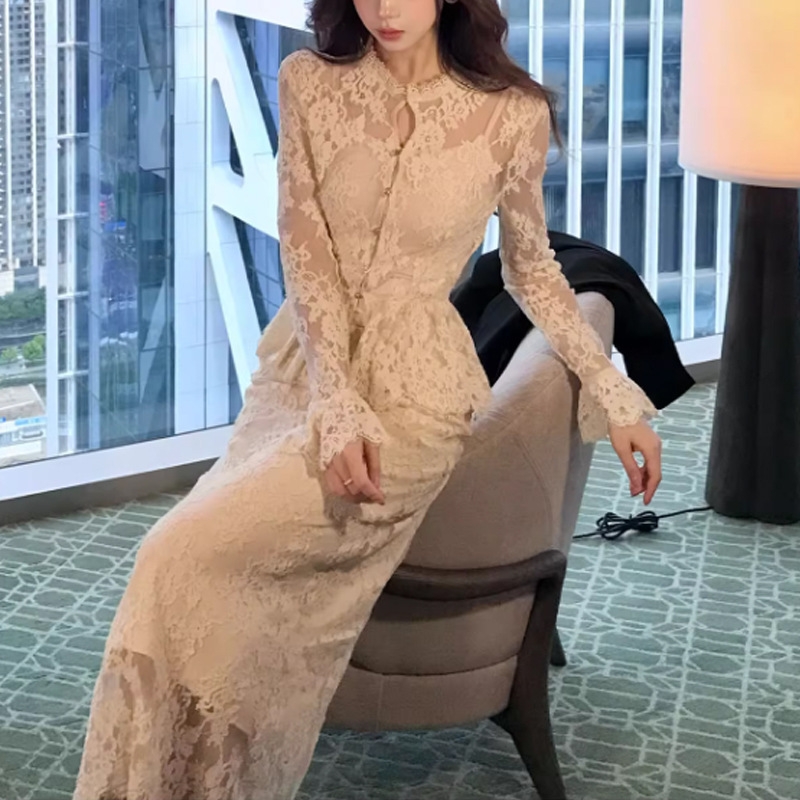 2025早秋优雅修身蕾丝套装长袖收腰上衣内搭高腰直筒半身裙两件套|undefined