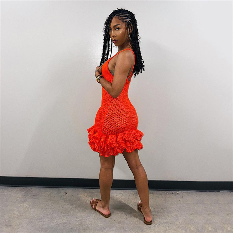 2024 Abito da donna nuovo sexy con bordo auricolare in legno cavo, lavorato a maglia, con fascia avvolgente_voghion.com