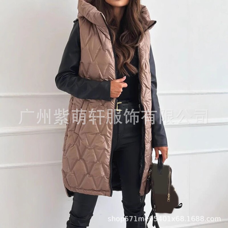 2025独立站欧美棉服长款马甲女士秋冬新款时尚连帽休闲马夹背心|undefined