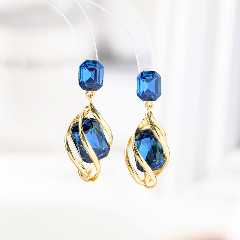 Wholesale Simple Blue Crystal Gem Tassel Copper Earrings display picture 1