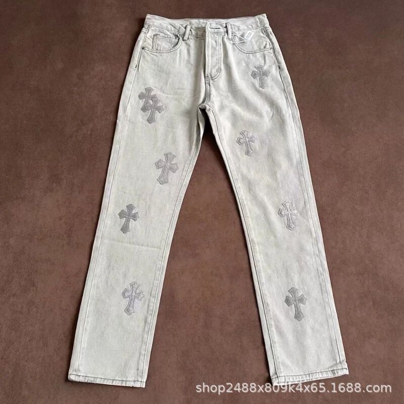 Guangzhou High-End Ch Embroidered Cross High-Street Fashion Trendy Ins Versatile Silver Horsehair Luxury Jeans
