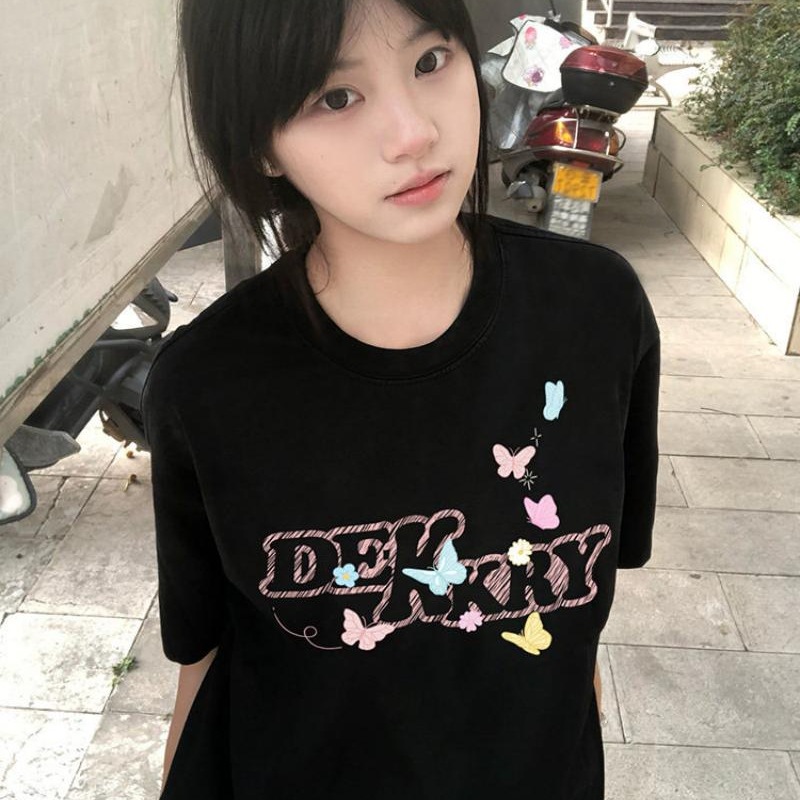 美式bf小众重磅纯棉短袖t恤女学生夏季ins潮蝴蝶涂鸦字母显瘦上衣