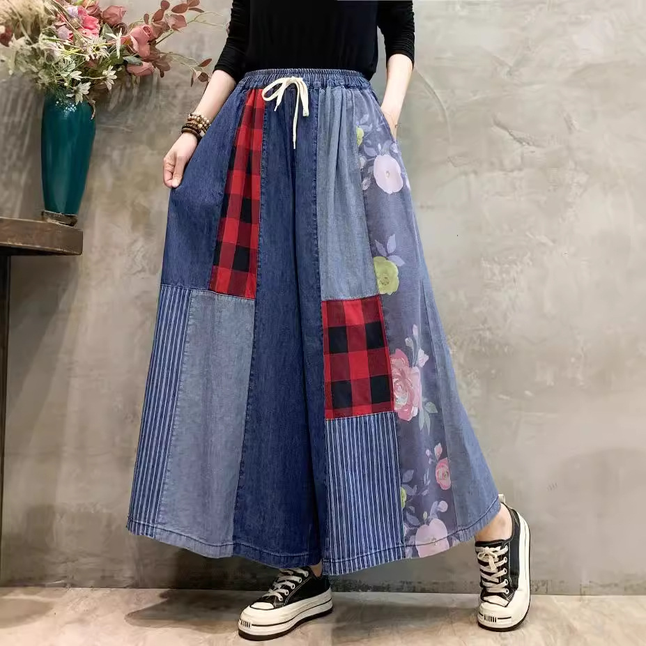 潮流撞色贴布拼接牛仔阔腿裤女胖mm大码宽松遮肉显瘦洋气高腰裙裤