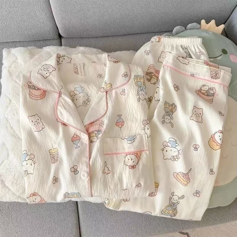 Pijamas de algodón nubes al por mayor transfronterizos primavera y otoño nuevos pantalones de manga larga de dibujos animados cardigan se pueden usar con ropa de casa