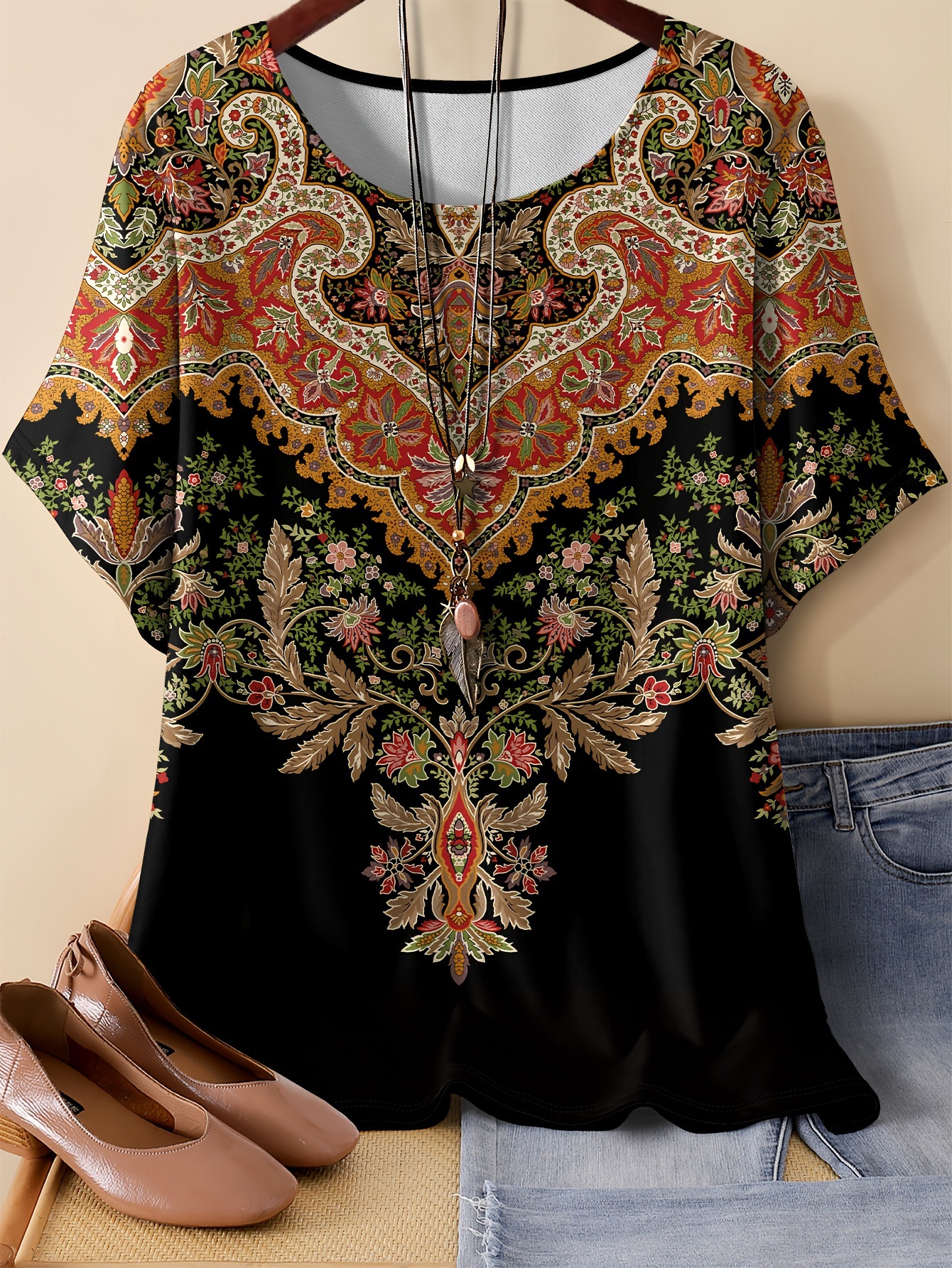 Floral & Crow Print Oversized T-Shirt – Soft Milk Silk Blend Short Sleeve Tee Unisex Oversized Cut_ecoleips.com