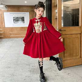 女童连衣裙秋冬中国风盘扣童装新年红色公主裙儿童拜年服过年衣服