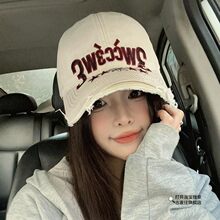 美式水洗做旧棒球帽子女春夏季大头围破洞鸭舌帽男女百搭遮阳帽