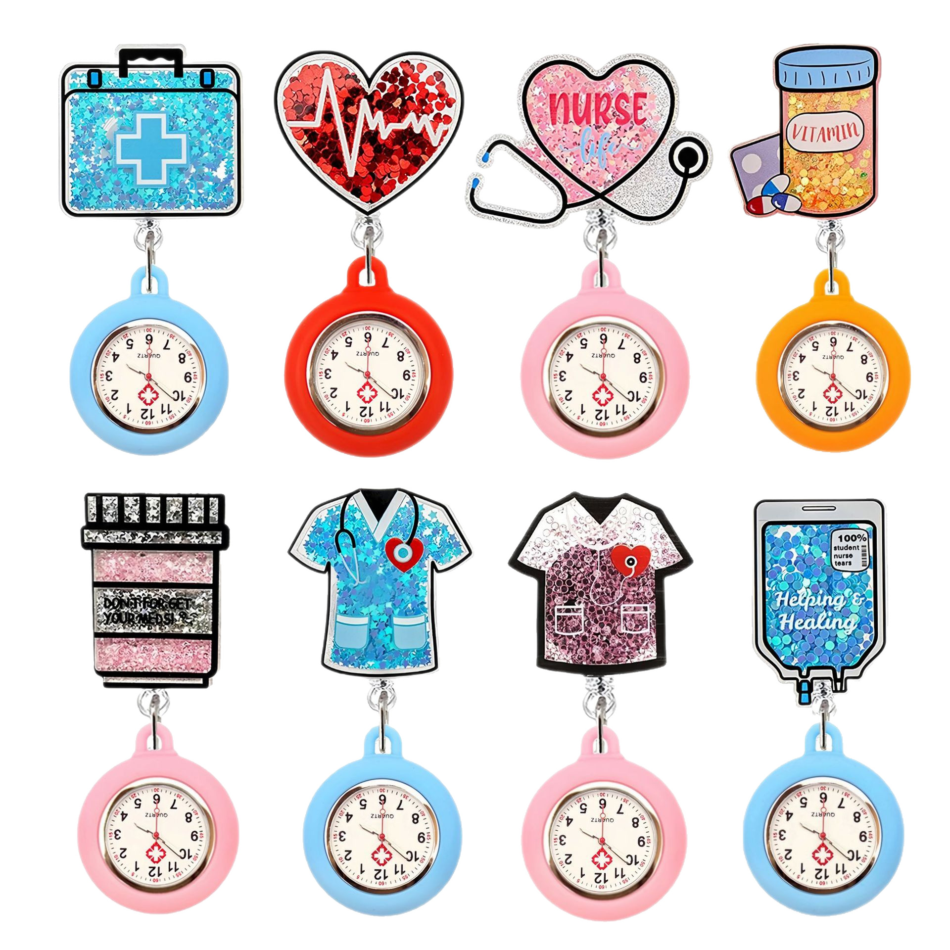 Cross-Border Quicksand Shaker Hospital Stethoscope and Syringe Retractable Fob Nurse Pocket Watch Badge Hanging Watch