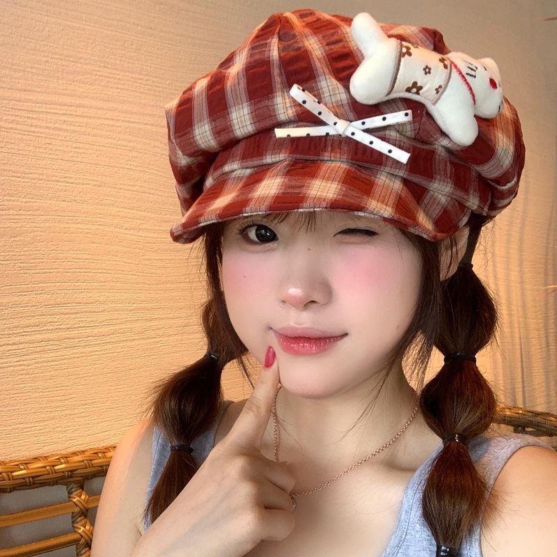 日系小猫蝴蝶结格纹红色贝雷帽女甜美可爱显脸小云朵八角画家帽子|undefined