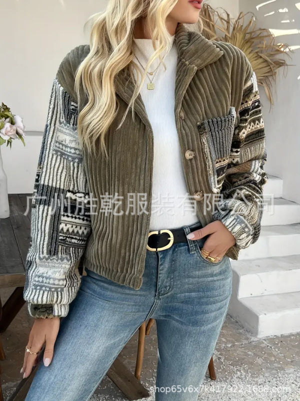 欧美跨境外贸女士秋冬季小众翻领长袖纽扣夹克 时尚拼 接外套棉服|undefined
