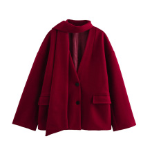 欧美2024秋季新款女装复古宽松休闲百搭单排扣长袖围巾式毛呢外套