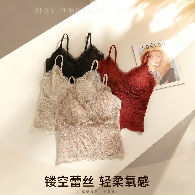 Factory Direct Sales Cross-Border Popular Sexy Lace Pure Lust Style Beautiful Back Vest with Breast Pads for Outer Wear Suspender Tops