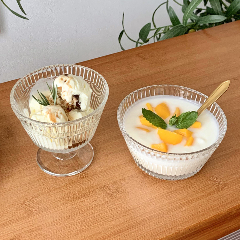 수직 줄무늬 디저트 컵 유리 그릇 아이스크림 그릇 인터넷 유명 식기 설탕 그릇 과일 요구르트 그릇 새 둥지 아침 식사 그릇