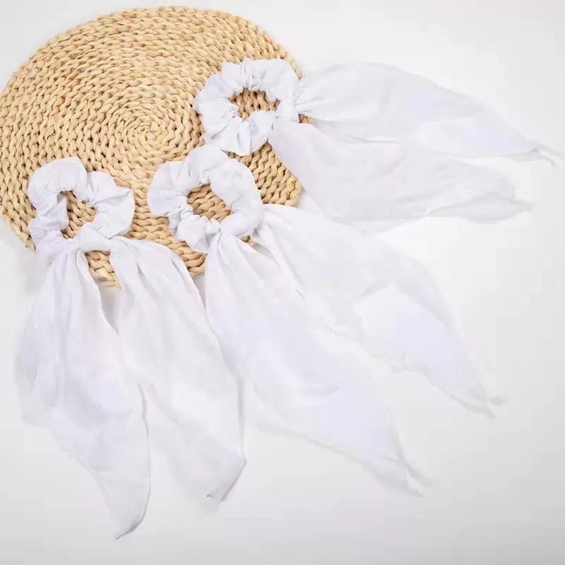 跨境新款女式韩版蝴蝶结飘带发圈 扎染纯棉白色欧美发带 头饰批发