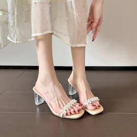 现货】真皮踩屎感凉拖鞋女夏新款透明高跟33小码水晶跟一字带凉鞋